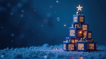 Blue blocks with QR codes arranged in the shape of a Christmas tree on a blue background. Minimalist design with copy space. Christmas and technology concept. Design for greeting card, banner, poster
