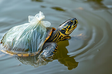 Turtle has a Plastic Bag on its back in the Lake