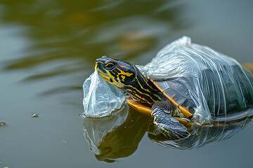 Turtle Biting a Plastic Bag in the Lake and it&rsquo;s biting into the bag, not realizing it&rsquo;s not food