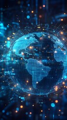 Obraz premium Blue hologram globe with world map with glowing data streams, ai global communication networks, virtual reality simulations, geospatial data visualization, and interactive educational experience