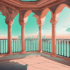 stunning architectural view featuring elegant columns and balcony overlooking vibrant city skyline at sunset. warm colors create serene and inviting atmosphere