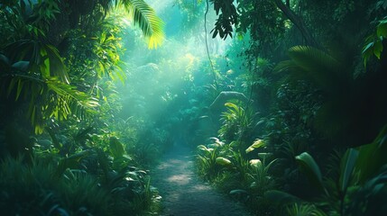 Fototapeta premium A serene jungle path illuminated by soft sunlight filtering through lush greenery.