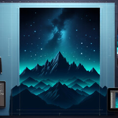 Obraz premium stunning digital artwork featuring majestic mountains under starry night sky, illuminated by vibrant turquoise glow. scene evokes sense of wonder and tranquility