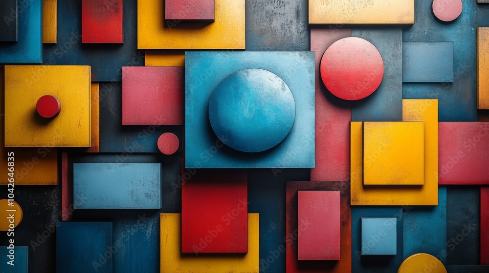 Poster the vibrant arrangement of geometric shapes in various colors adorns a dark wall, showcasing a strik