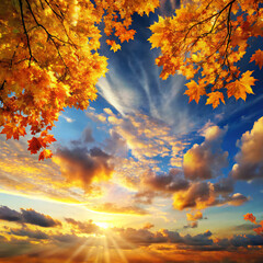 autumn trees in the sky. sky, sunset, sun, clouds, nature, cloud, sunrise, orange, light, autumn, abstract, yellow, red, dusk, color, landscape, dramatic, sunlight, cloudscape, beautiful, evening, daw