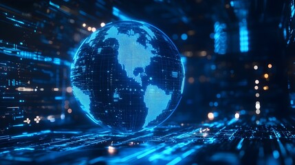 Fototapeta premium Blue hologram globe with world map with glowing data streams, ai global communication networks, virtual reality simulations, geospatial data visualization, and interactive educational experience
