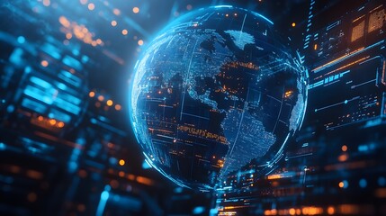 Blue hologram globe with world map with glowing data streams, ai global communication networks, virtual reality simulations, geospatial data visualization, and interactive educational experience