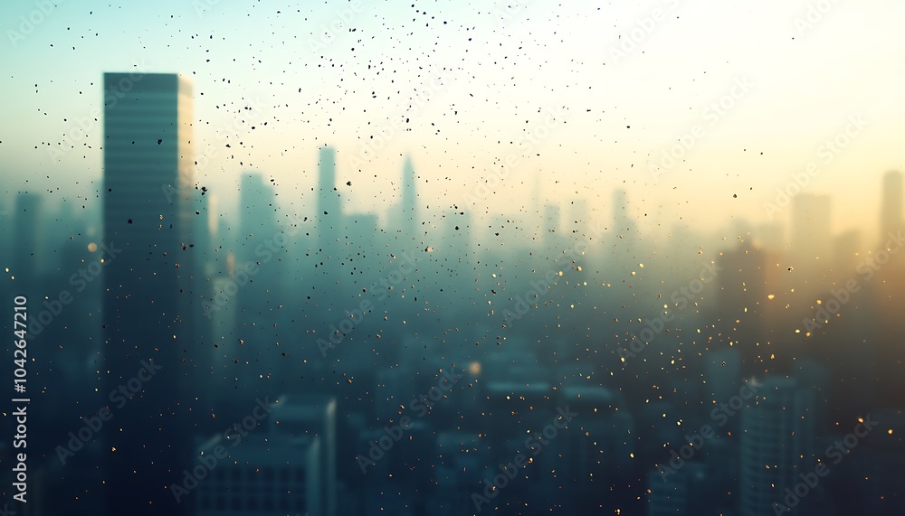 Poster the image showcases a city skyline blurred by raindrops on a window, illuminated by soft morning lig