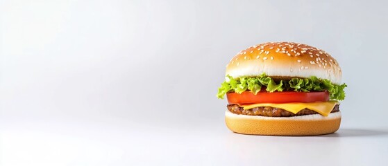A delicious hamburger featuring lettuce, tomato, cheese, and a sesame seed bun.