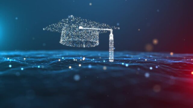 Graduation cap above a network grid on blue background, learning and education