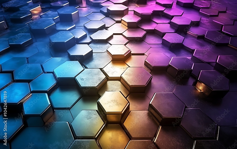 Fototapete A vibrant, abstract pattern of hexagonal shapes displaying colorful lighting effects, creating a modern, geometric aesthetic.
