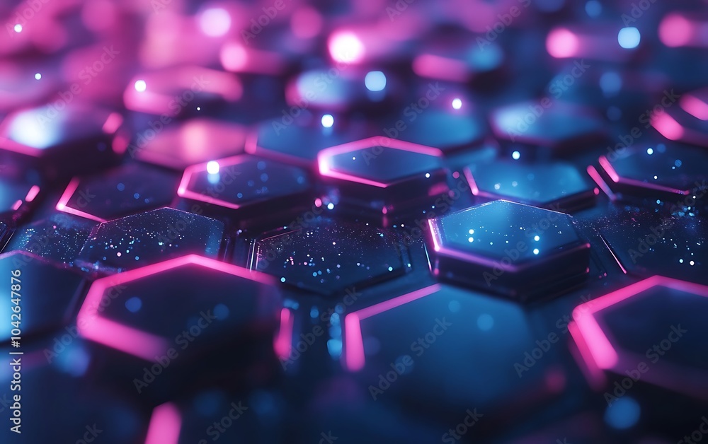 Aufkleber a vibrant, futuristic hexagonal pattern glowing in purple and blue hues, with sparkling details crea