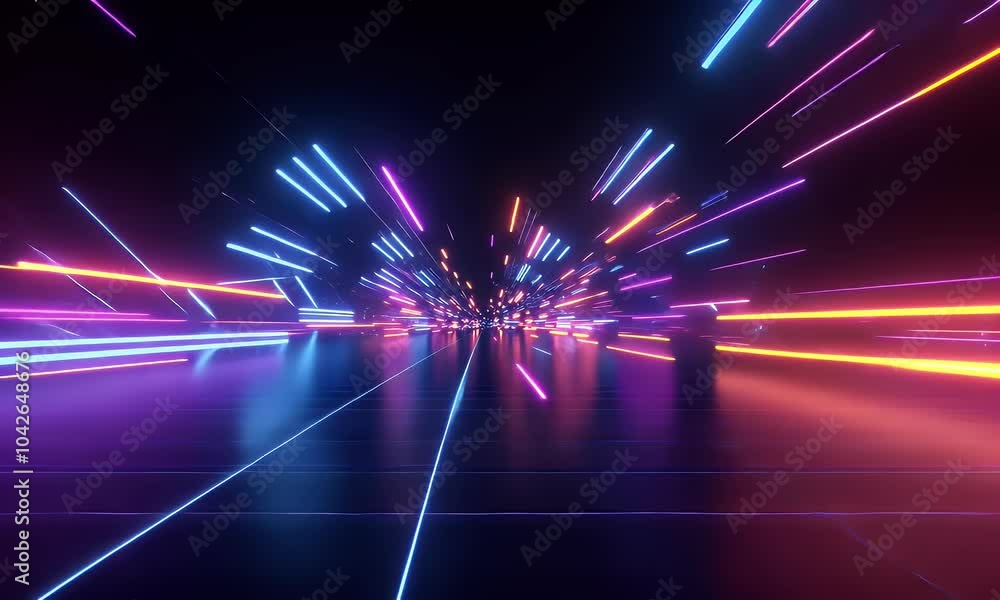 Aufkleber 3d render, abstract background with neon laser light rays on a dark, empty black space for a design 