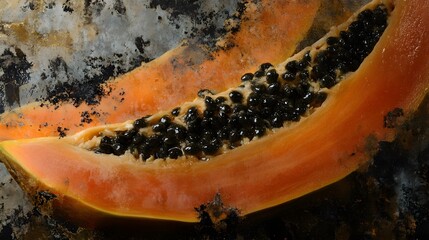 32. A detailed image of a ripe papaya sliced in half, with visible black seeds and juicy flesh