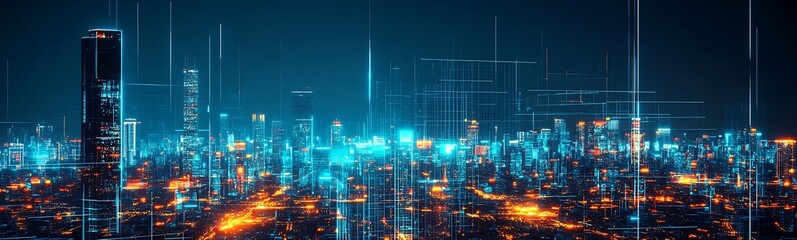 Fototapeta premium A vibrant cityscape at night, illuminated by colorful lights, showcasing a futuristic and bustling urban environment.