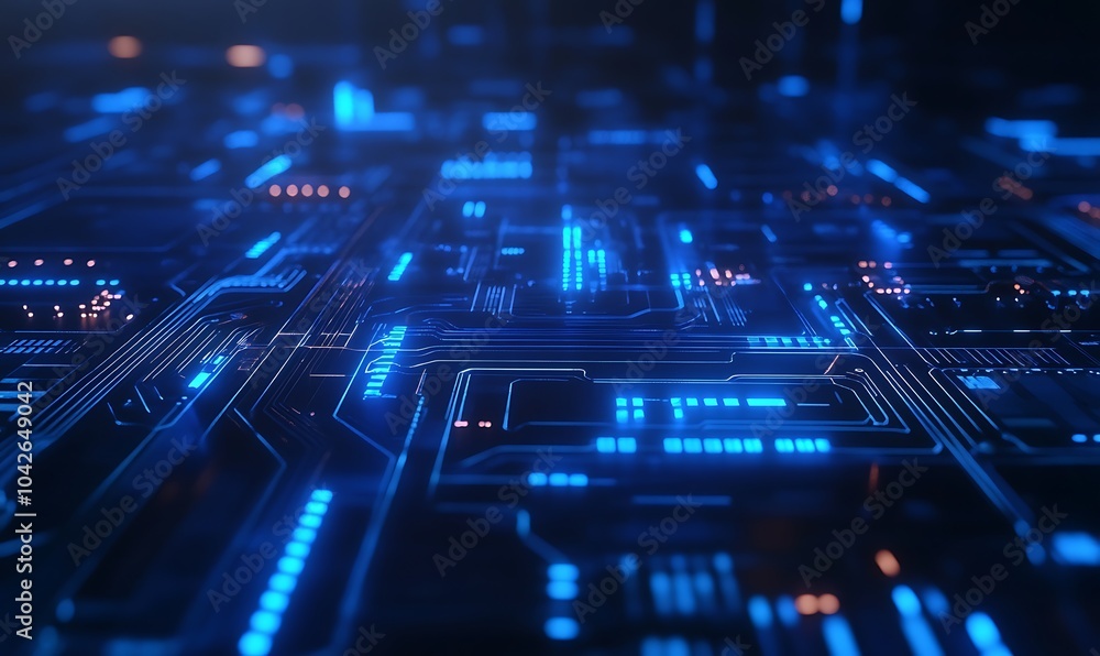 Poster a mesmerizing close-up view of a blue digital circuit, showcasing intricate patterns and glowing lig