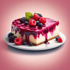 Delight in this luscious dessert featuring creamy cheesecake topped with vibrant berry compote and fresh raspberries, blackberries, and blueberries, perfect for any occasion