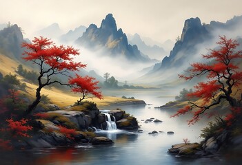 Beautiful mountain waterfall painting landscape scenery
