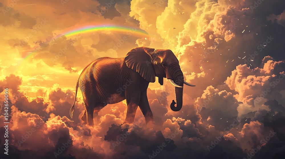 Poster an enchanting journey of a raincloud elephant beneath a golden sky adorned with a rainbow and ethere