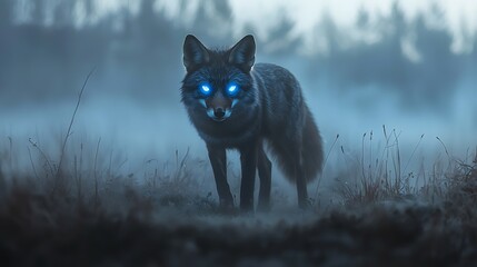 Obraz premium A mystical encounter a misty fox with glowing blue eyes emerges from the fog captivating the enigmatic wilderness
