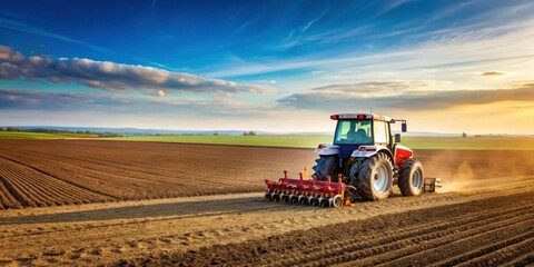 Obraz premium Farmer using a tractor to plant seeds in a vast field, farmer, tractor, seeding, crops, agriculture, planting, seeds
