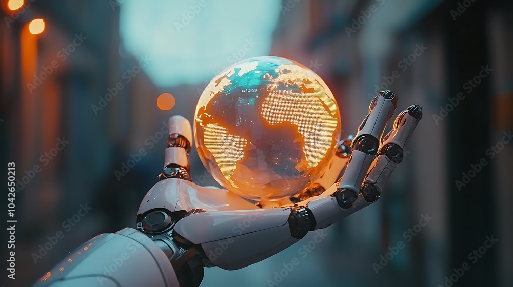 Poster A robotic hand embraces a glowing globe symbolizing global connectivity and technological advancement in a future world