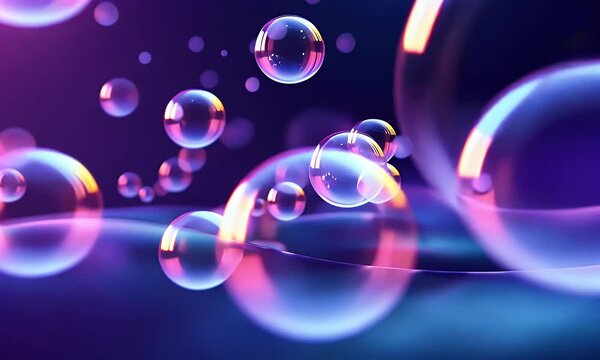 Abstract vector illustration of glowing bubbles on a dark background, with a purple-blue gradient, in a minimalistic style using simple shapes, 3D render.