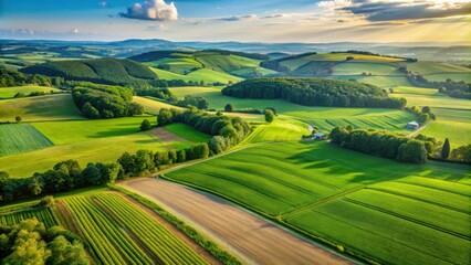 Fototapeta premium Aerial view of green cornfields surrounded by meadows and lush forests in the hilly countryside, aerial view, green, cornfields