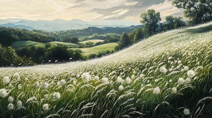 Fototapeta premium A scenic journey through a vast meadow where grass waves like the ocean under a gentle breeze