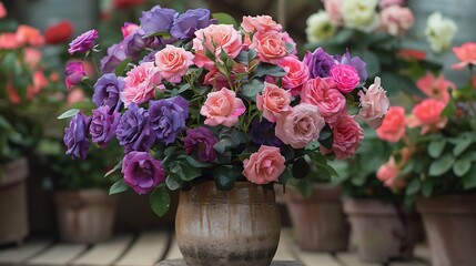 A vibrant display of pink and purple roses in a ceramic pot placed on a backdrop