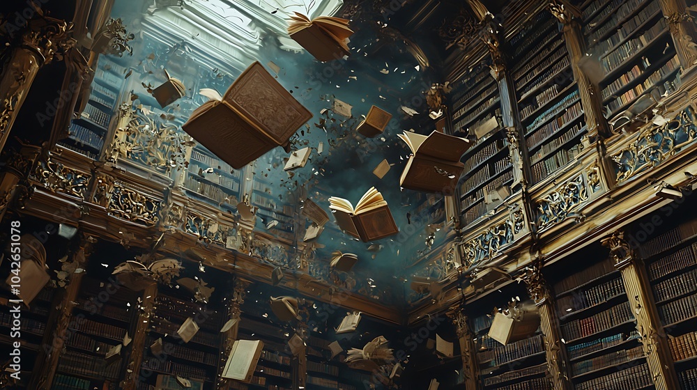 Poster Discover the enchantment of an ancient library where flying books whisper forgotten knowledge and secrets of the past