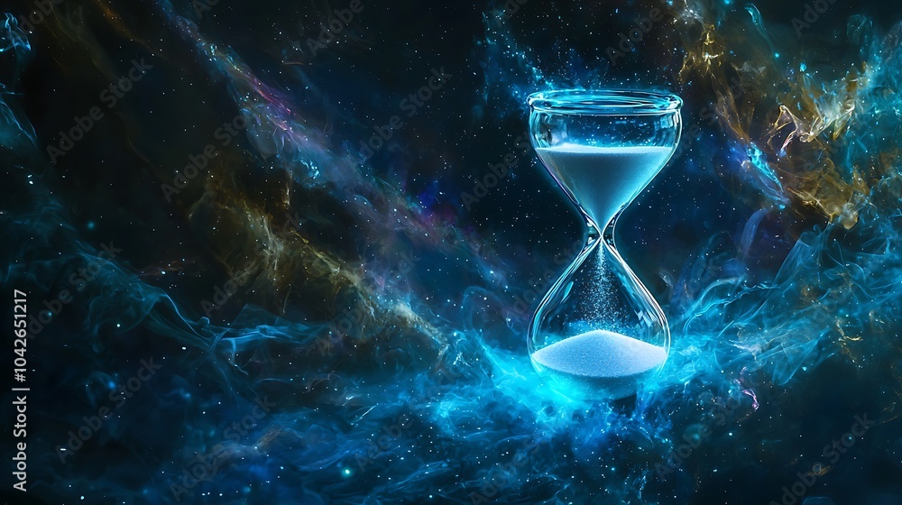 Poster a cosmic hourglass the flow of time captured in the vastness of space illuminated by glowing sand