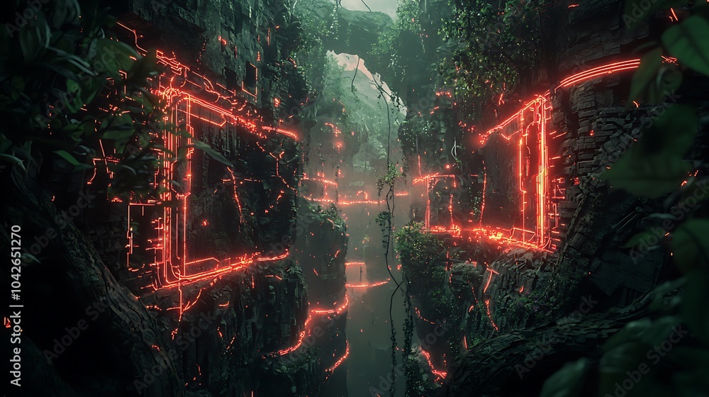 Poster exploring ancient ruins enveloped by digital vines and glowing light in a lush mystical landscape of