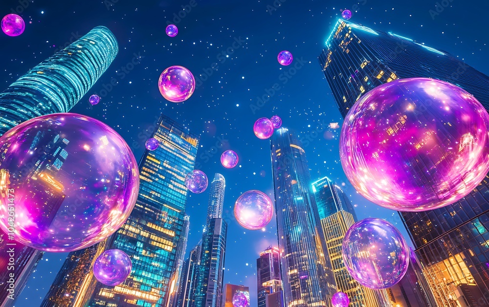 Poster a vibrant urban scene featuring colorful bubbles floating amid skyscrapers against a night sky, crea