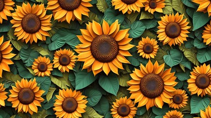 Seamless pattern featuring a 3D illustration of sunflowers , resembling a paper quill pattern