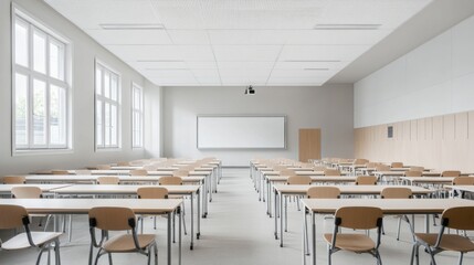Empty classroom with rows of desks and chairs, a whiteboard, and large windows.