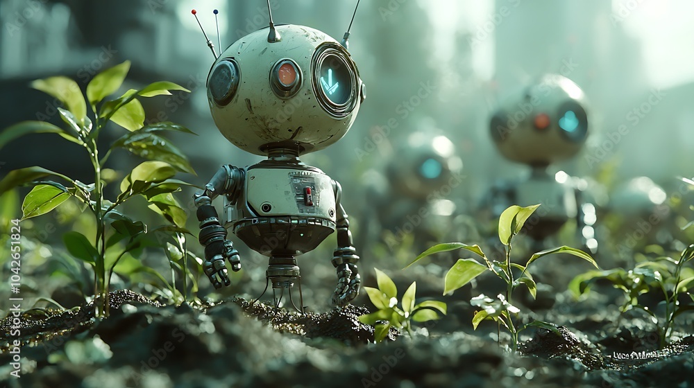 Aufkleber Exploring the innovative fusion of nature and technology robots emerging from seeds in a futuristic landscape