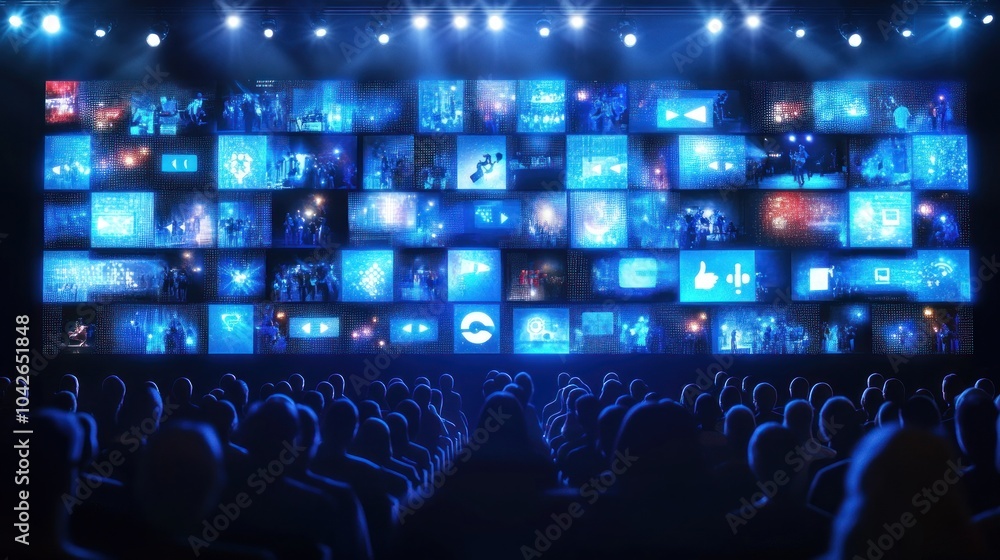 Poster a large audience views a screen filled with various digital icons and media content.