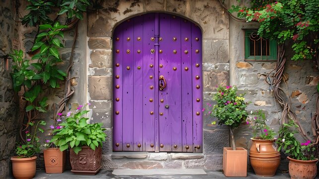 A vibrant purple door studded with vintage copper hardwar and large wood supports