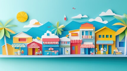 Colorful paper-cut style scene of a vibrant coastal town with shops and palm trees.