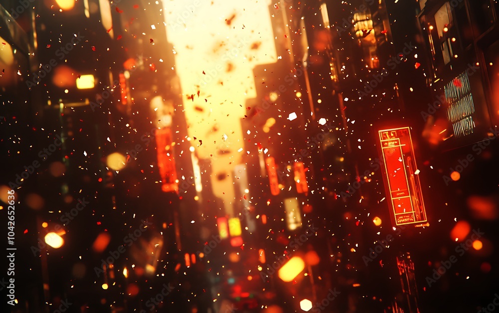 Poster a vibrant city scene with glowing lights and particles, evoking a warm and dynamic atmosphere.