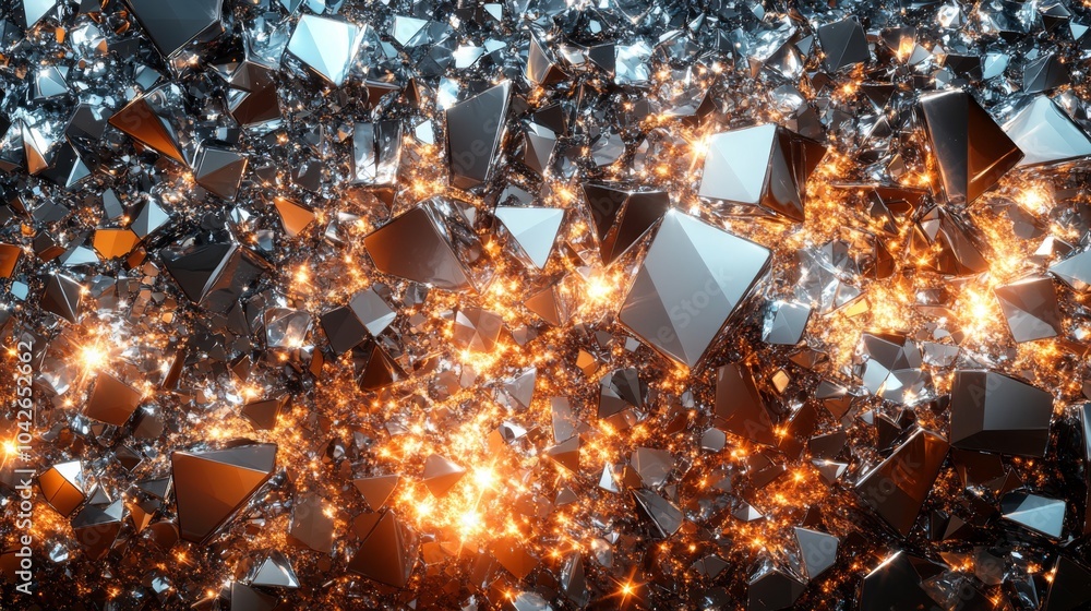 Fototapete A vibrant arrangement of reflective metallic shards intertwined with glowing elements creates a captivating visual experience, showcasing depth and energy in an abstract form.