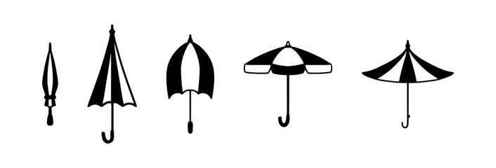Hand-Drawn Doodle Umbrella Icon Set for Rainy Day, Weather, and Outdoor Protection Designs