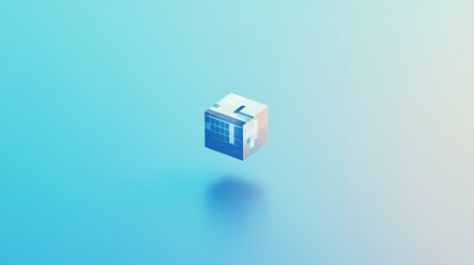Naklejka premium Minimalist Abstract Cube 3D Render, Blue Background, Holographic