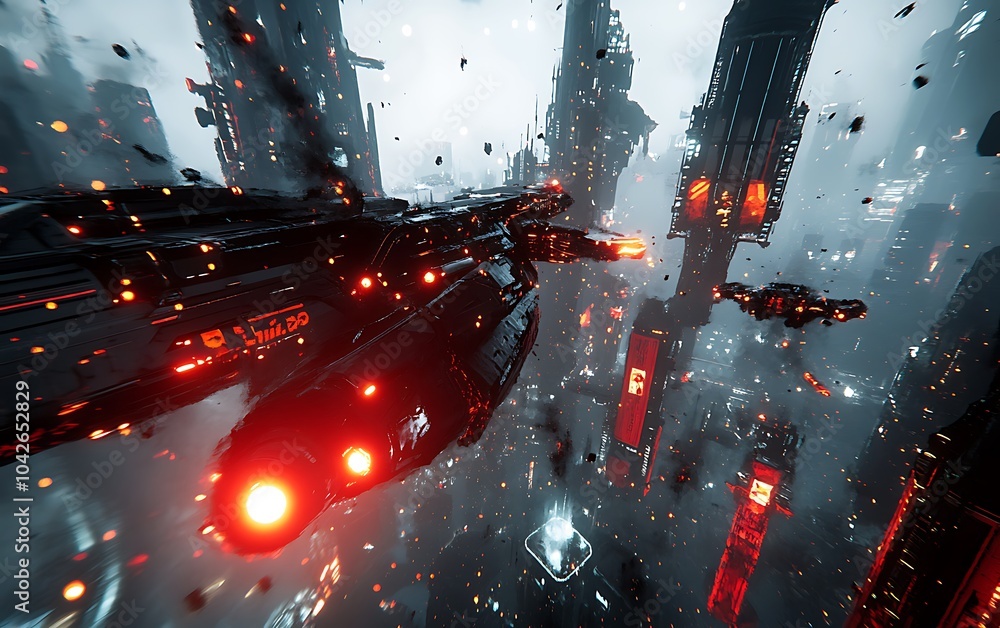 Poster a futuristic scene showcasing a sleek spaceship with glowing lights flying over towering dark skyscr