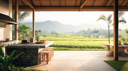 Fototapeta premium Tranquil Outdoor Kitchen with Rice Field View