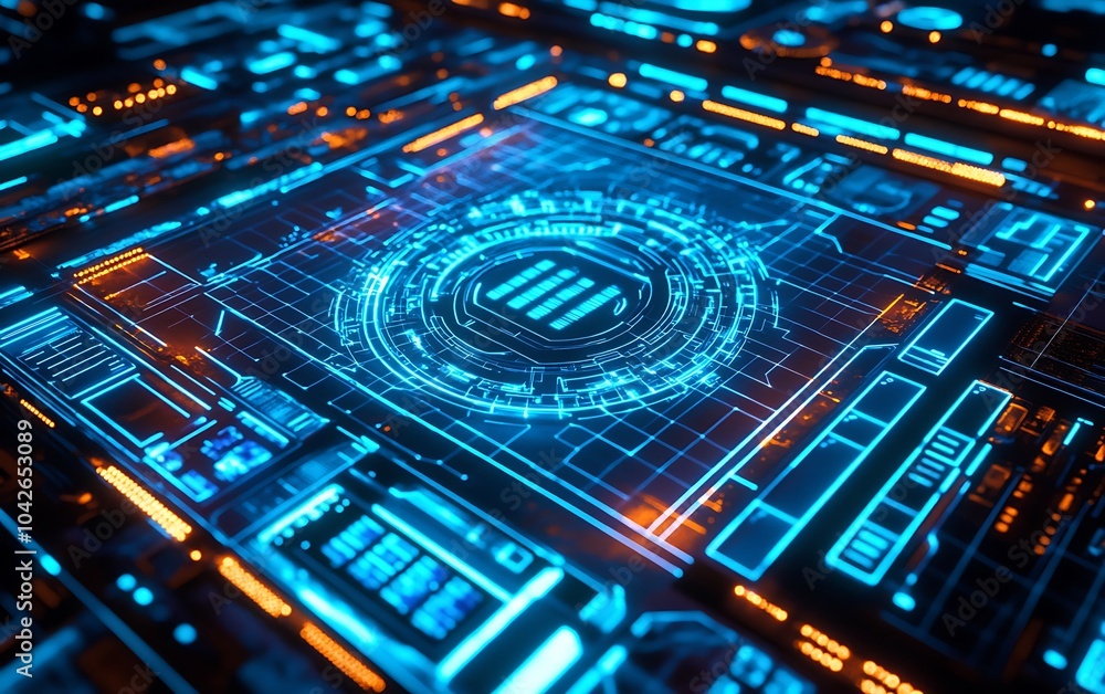 Aufkleber a vibrant, futuristic circuit board with glowing blue and orange elements, symbolizing advanced tech