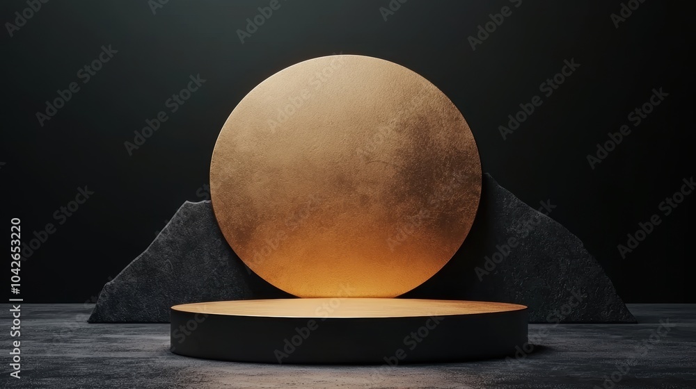 Poster a minimalist scene featuring a glowing sphere set on a circular platform, framed by dark stone eleme