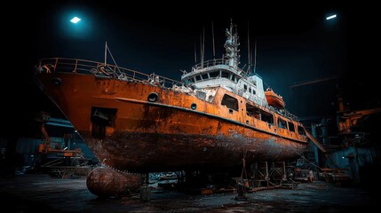 Fototapeta premium A large orange ship is sitting in a dock