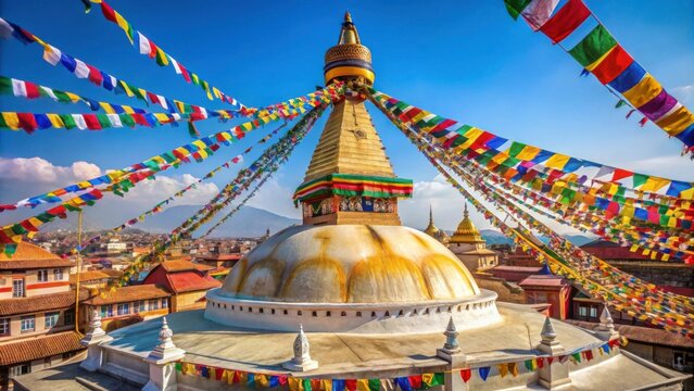 Boudhanath Stupa in Kathmandu with colorful Buddhist prayer flags fluttering in the wind, Boudhanath Stupa, Kathmandu